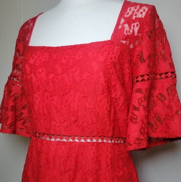 NWT MinkPink Cherry Red Starstruck Lace Mini Party Dress Sheer Back Star Print M - Picture 10 of 14